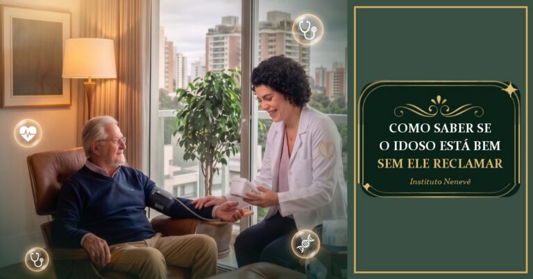 Cidele Nenevê medindo a pressão de um idoso em casa, ao lado do título Como saber se o idoso está bem sem ele reclamar