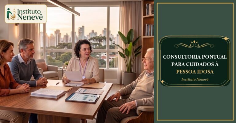 Cidele Nenevê conduzindo uma consultoria com uma família e um idoso, ao lado do título Consultoria pontual para cuidados à pessoa idosa