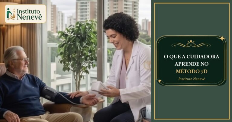 Cidele Nenevê cuidando de um idoso, ao lado do título O que a cuidadora aprende no Método 7D